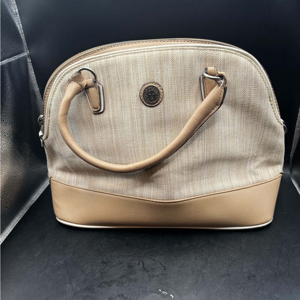 Anne Klein Dome Satchel Handbag Purse Double Top Handle Strap- Tan & Beige